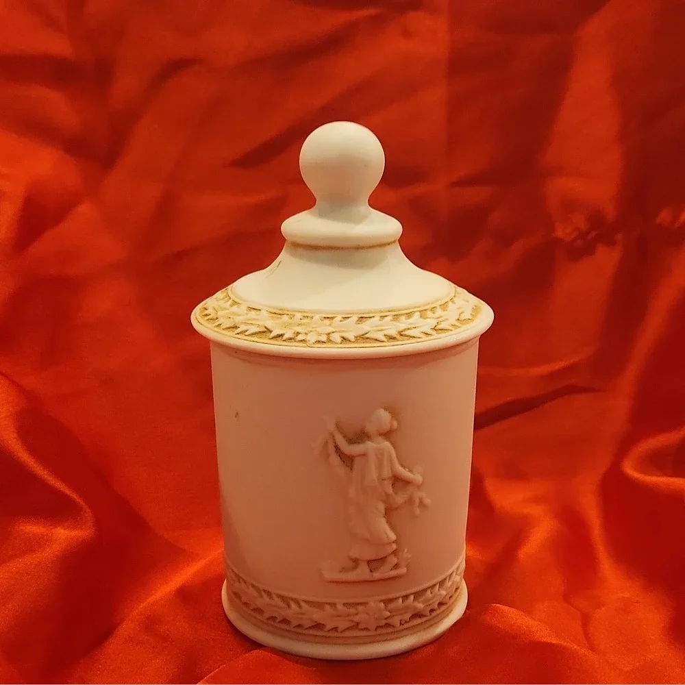 Vintage Neoclassical Bisque Porcelain Lidded Jar Greek Figures Cameo Relief